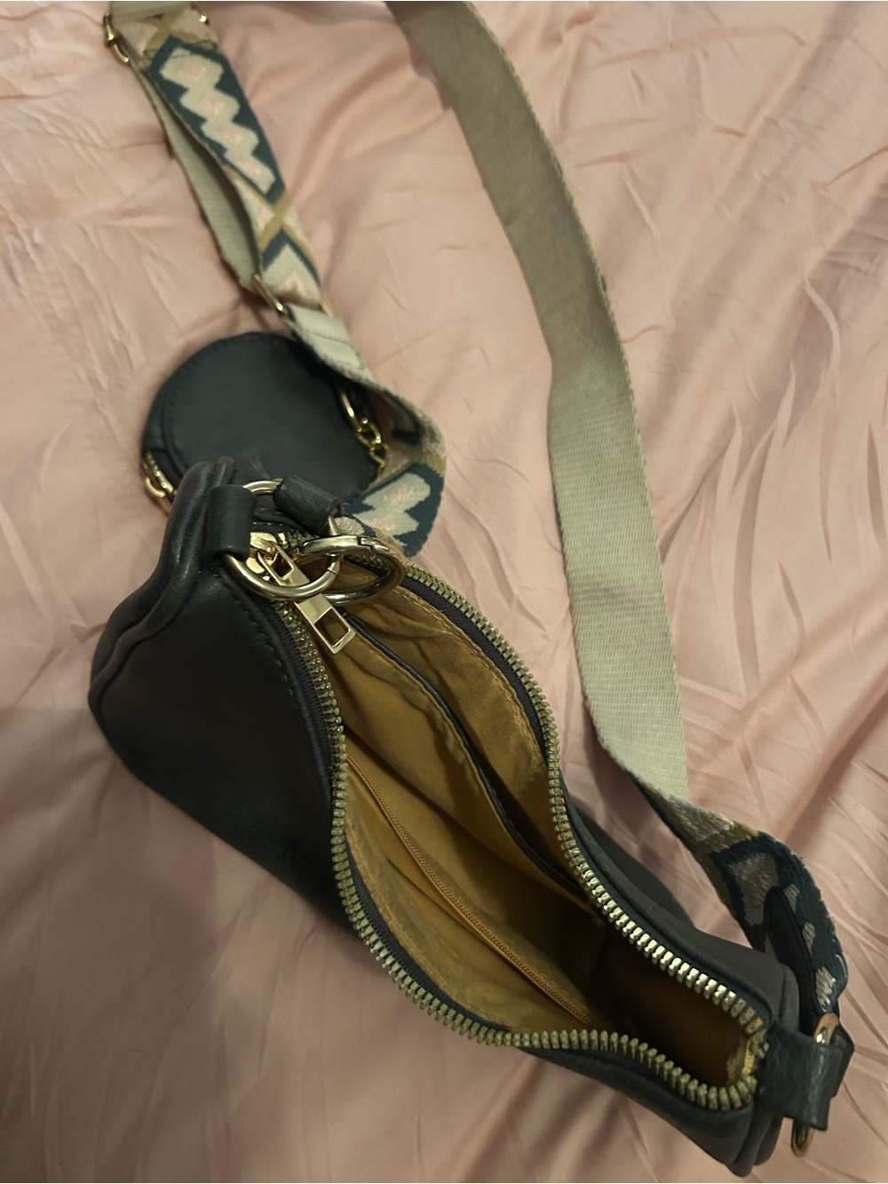 Women's Boho grey Leather Crossbody Bag with aztec Patterned Strap